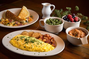 breakfast menu, with omelets and hash browns, created with generative ai