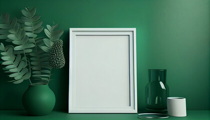 Blank picture photo frame mockup on green wall Ai generated image