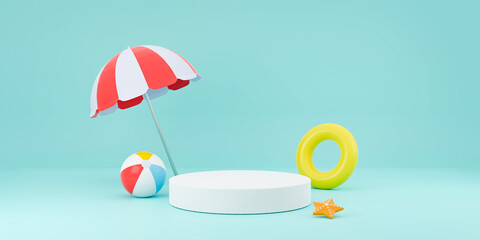 3D Rendering Summer product display stage for presentation illustration. Beach umbrella with swim ring on aqua blue background
