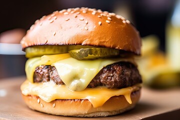 close-up of juicy burger, with cheese and pickles visible, created with generative ai