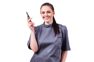 Smiling cosmetologist with tattoo machine for permanent makeup. Beautician woman in studio. Isolated 