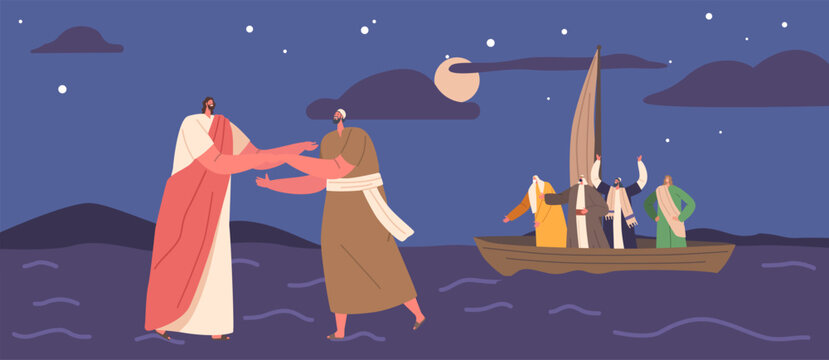 Biblical Scene Jesus And Peter Walk On Water While Apostles Sit In A Boat. The Image Depicts Faith, Miracles