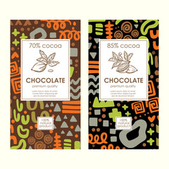 CHOCOLATE TAGS ON ABSTRACT PACK Vintage Colorful Figures Doodle In African Style Templates Packaging Design And Labels With Hand Drawn Cocoa Beans Vector Set