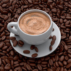 Ceramic coffee cup with coffee beans for americano, espresso, mocha, latte
