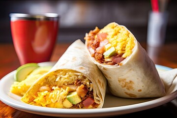 breakfast burrito, filled with scrambled eggs, cheese and hash browns, created with generative ai