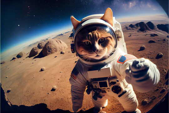 Cosmonaut cat. Astronaut cat in a spacesuit on another planet takes a selfie.