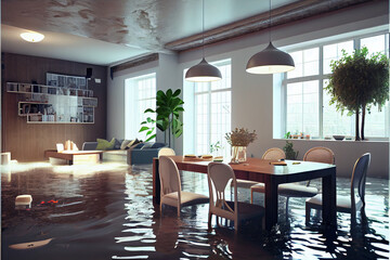 Flooded apartment, interior, flood in the room of a residential apartment. Broken faulty plumbing concept.