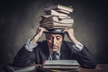 Man with a stack of books and clock on his head. Generative AI