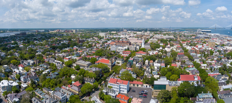 Aerial panoramic view of the historic district of Charleston, South Carolina.
