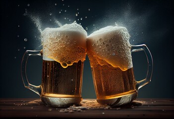 Two frosty beer mugs clinking together in a toast, generative ai - obrazy, fototapety, plakaty