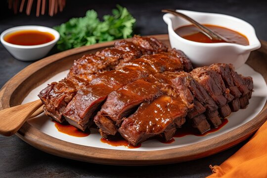 plate of ribs, cooked to perfection and drenched in sauce, created with generative ai