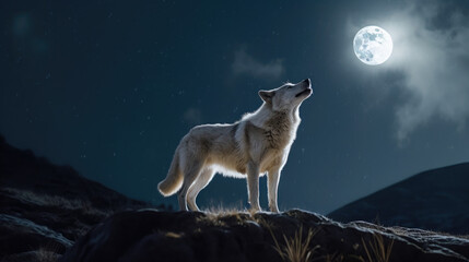 White wolf howling in the forest. Full moon in the sky. Generative AI
