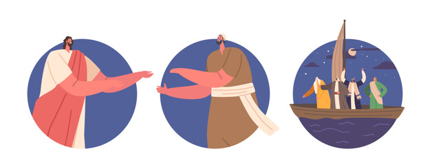 Jesus And Apostles in Boat Isolated Round Icons. Biblical Spiritual And Religious Characters. Christian Biblical History