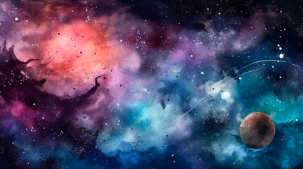 Fototapeta na wymiar Watercolor Galaxy Space Background. Generative AI