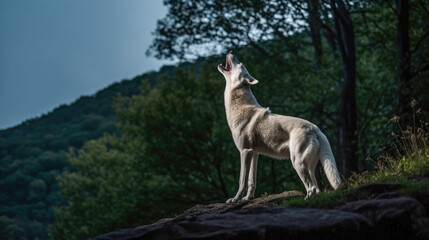 White wolf howling in the forest. Evening in a wild nature. Generative AI
