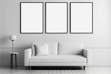 Living room interior with white sofa and mockup posters. AI Generative