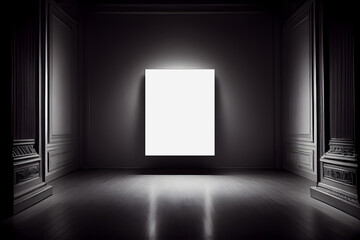 Blank white poster in the dark room. AI Generative