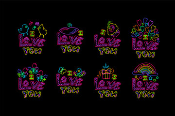 Declarative I LOVE YOU hand drawn text with neon bright felt tip pens on dark night backdrop. Festive elegant inscription for design of card or invitation. Doodle Hand Drawn vector isolated on black
