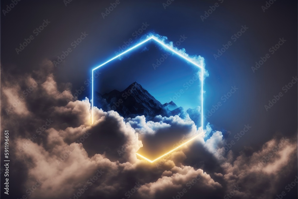 Poster square border glowing frame with neon light in the sky. abstract of futuristic geometric through squ