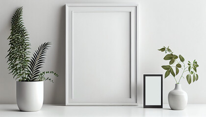 Blank picture photo frame mockup on white wall Ai generated image