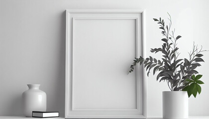 Blank picture photo frame mockup on white wall Ai generated image