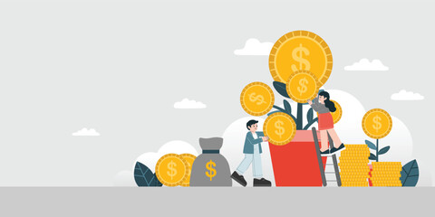 Businessman, Businesswoman, Business Growth, Money Coin Tree, Vector, Illustration