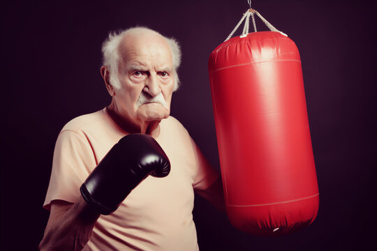 Funny senior man wearing boxing gloves beside a punching bag. Generative AI image