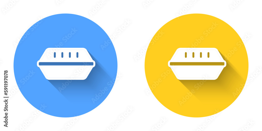 Poster white lunch box icon isolated with long shadow background. circle button. vector