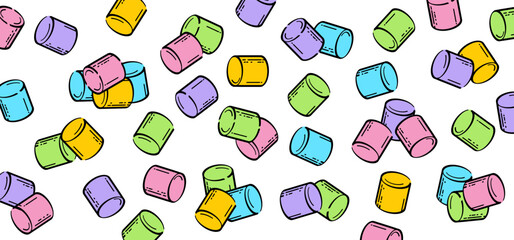 Drawing cartoon sugar marshmallow, line pattern. Sweet marshmallow for bbq, cooking icon or symbol. Delicious, tasty white marshmallows. Eating roasted candies sweets.