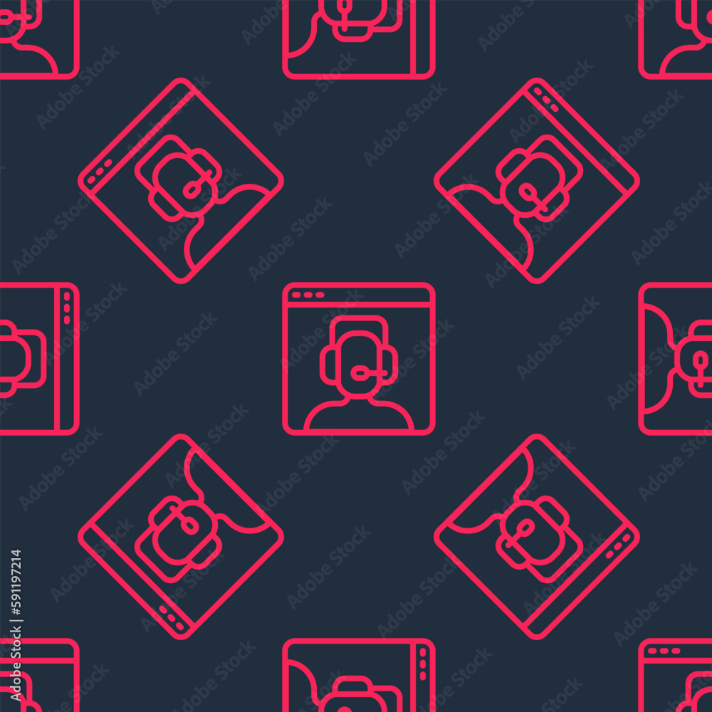 Poster red line telephone 24 hours support icon isolated seamless pattern on black background. all-day cust