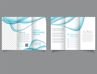 Trifold brochure with blue blurred waves. Vector graphics. Corporate brochure