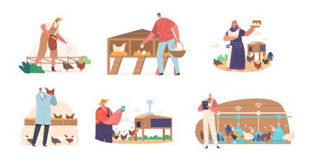 Set of Characters Tending To Chickens On Farm, Feeding And Ensuring Their Well-being. Concept of Livestock Farming
