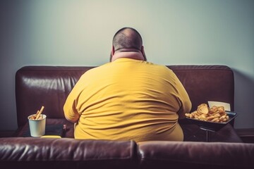 An obese man sitting on the couch eating fast food bad health habits Generative AI Illustration - obrazy, fototapety, plakaty