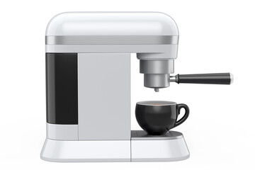 Espresso coffee machine with a horn and ceramic coffee cup on white background.