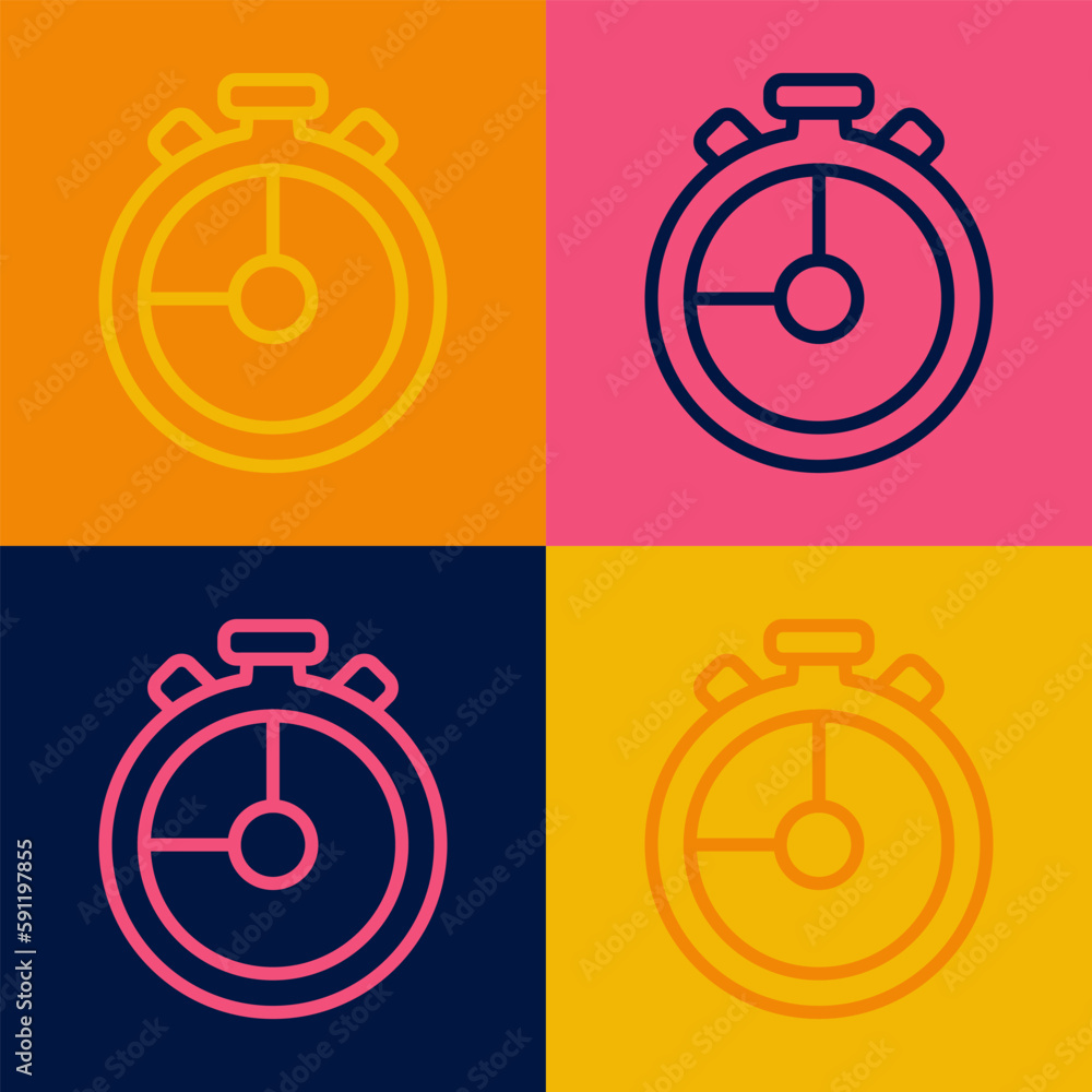 Poster pop art line stopwatch icon isolated on color background. time timer sign. chronometer sign. vector