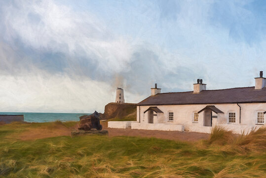 Digital painting of the pilot's cottages and cross at Ynys Llanddwyn on Anglesey, North Wales.