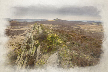 Digital watercolour painting of a bleak winter view of Baldstone, and Gib Torr in the Peak District National Park.