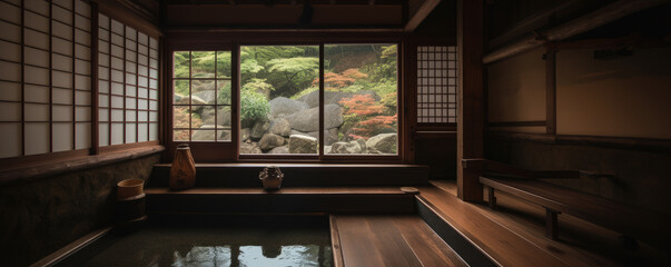 Japanese hot spring bath. hand edited AI. - obrazy, fototapety, plakaty