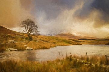 Digital painting of panoramic views of Llyn y Dywarchen, and Snowdon in the Snowdonia National Park, Wales.