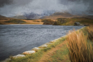 Digital painting of panoramic views of Llyn y Dywarchen, and Snowdon in the Snowdonia National Park, Wales.