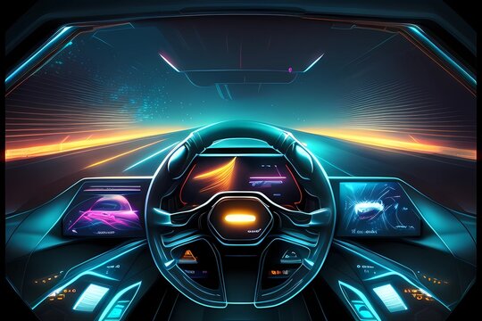 Cockpit of futuristic autonomous car. Аutonomous futuristic car dashboard view at night with hologram screens wide banner