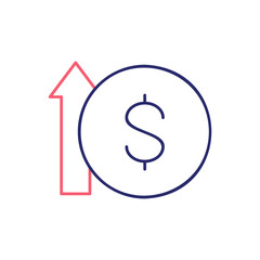Coin with up arrow, money interest rate increase outline color icon. Finance, payment, invest finance symbol design.