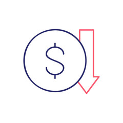 Coin with down arrow, money interest rate reduction outline color icon. Finance, payment, invest finance symbol design.
