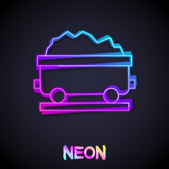 Glowing neon line Coal train wagon icon isolated on black background. Rail transportation. Vector