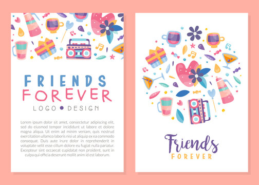 Friends Forever and Friendship Banner with Bright Elements Vector Template