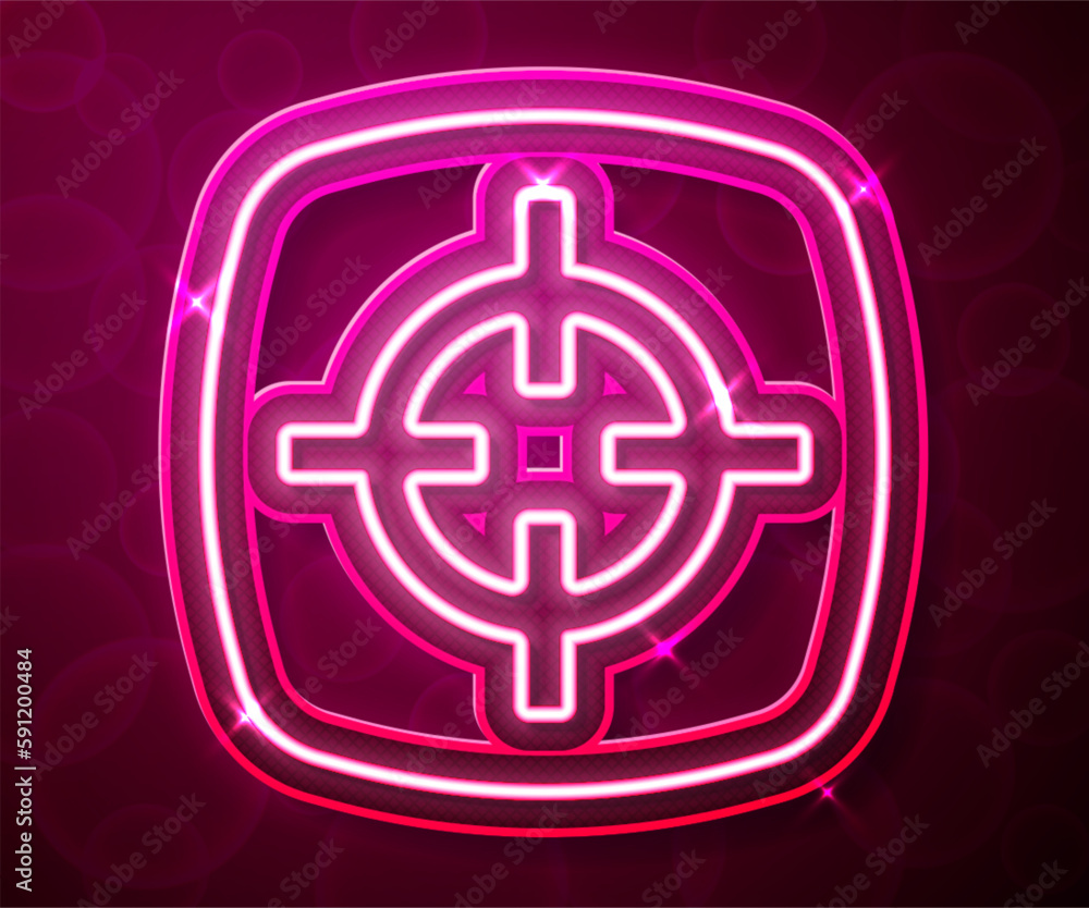 Poster glowing neon line target sport icon isolated on red background. clean target with numbers for shooti