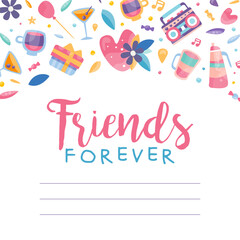 Friends Forever and Friendship Ruled Card with Bright Elements Vector Template