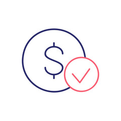 Coin with check mark, best choice, quality control, approved outline color icon. Finance, payment, invest finance symbol design.