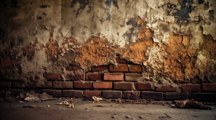Old rotten concrete wall, grungy texture, revealed brick wall