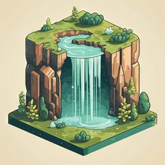 Little cube world illustration, green grass and waterfall, brown rock